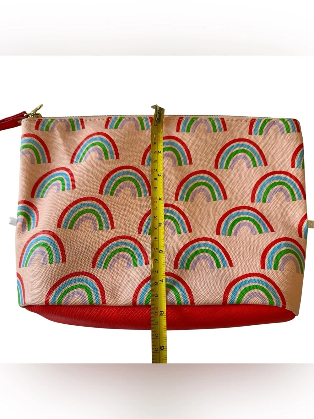 Dabney Lee Rainbow Zipper Pouch with Gold Medallion Charm and Red Accent Bottom